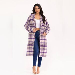Women's Long Sleeve Front Pocket Button Up Plaid Coat